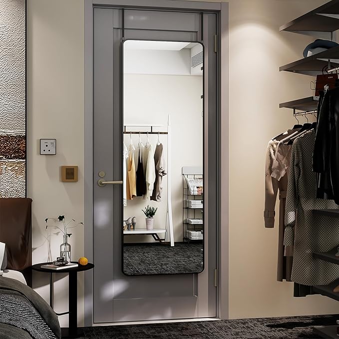 BEAUTYPEAK 14"x48" Full Length Over The Door Mirror, Aluminum Alloy Frame Full Body Mirror with Height-Adjustable Hangers, Hanging Mirrors for Bedroom, Living Room, Bathroom, Black