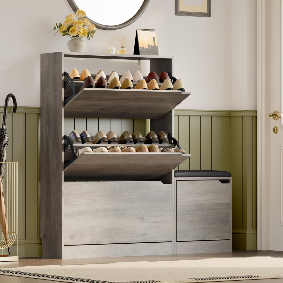 Shoe Cabinet with Bench and 3 Flip Drawers