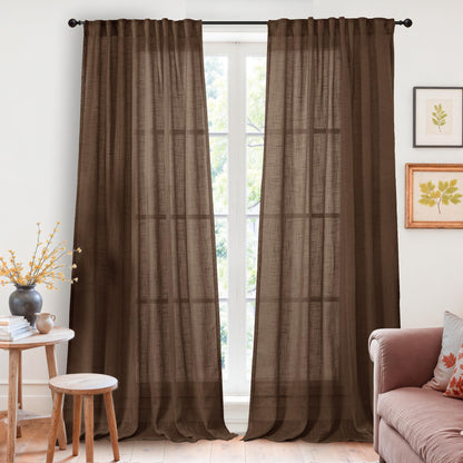 Extra Long Brown Linen Semi Sheer 95 Inch Length for Living Room (2 Count)