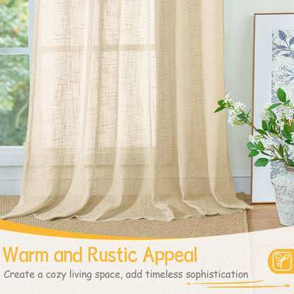 Tan Linen Semi Sheer Curtains 34 X 40 Inch for Kitchen Window (2 Count)