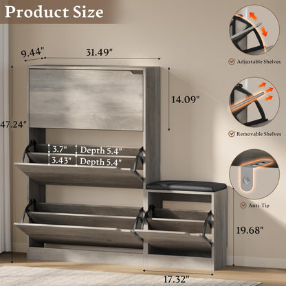 Shoe Cabinet with Bench and 3 Flip Drawers