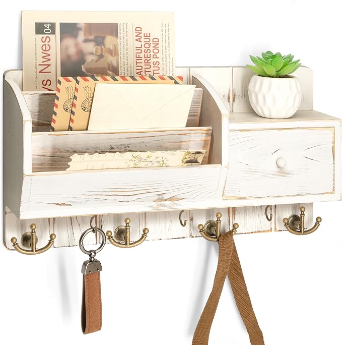 Rebee Vision Key Holder Wall Mount with Mail Sorter - Farmhouse Mail and Key Organizer for Wall with Small Drawer Organizer - Ideal Farmhouse Home Decor Solution (Whitewash)
