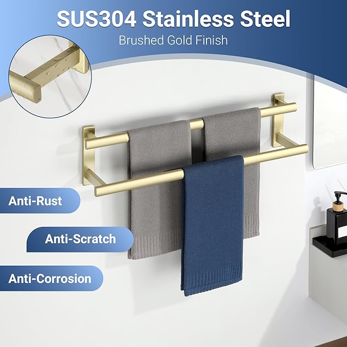 SAYAYO Double Towel Bar for Bathroom, 24 Inch Brushed Gold Bath Towel Rack Towel Holder Wall Mounted, SUS304 Stainless Steel