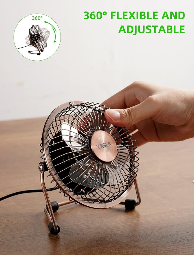 xasla 4 Inch Small USB Desk Fan, Mini Quiet Fan with Metal Construction & Strong Airflow & 360°Adjustable Tilt Angle, Personal Cooling Fan for Desktop Office (Bronze)
