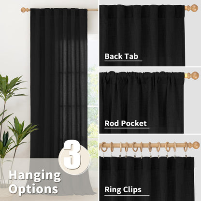 Black Linen Semi Sheer Curtains 52 X 63 Inch Length 2 Panels (2 Count)