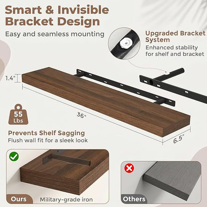 Venusmiles Floating Shelves for Wall, 36 Inch Floating Shelves Set of 2, 6.5" D Wooden Wall Mounted Display Shelves with Invisible Brackets for Living Room, Bedroom, Bathroom, Kitchen Decor, Walnut