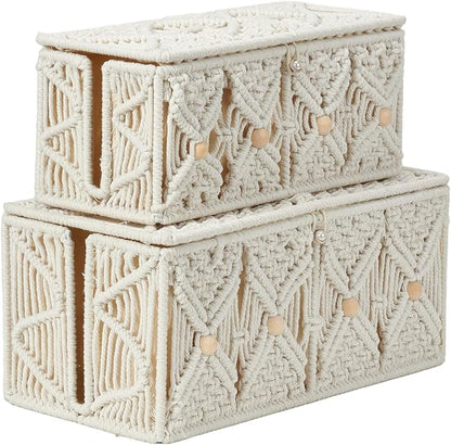 2PCS Cable Management Boxes Handmade Macrame Cord Storage Organizer Power Strips Outlet Router TV Wire Hider Cover Under Desk Natural Cotton Rope Woven Box with Lid (1 Large 1 Medium)