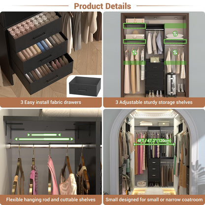 4FT Small Closet System with 3 Fabric Drawers
