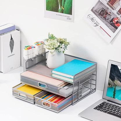 Marbrasse 3 Tier Mesh Desk Organizer with Drawer, Multi-Functional Desk Organizers and Accessories, Paper Letter Organizer with 2 Pen Holder for Home Office Supplies (Silver)