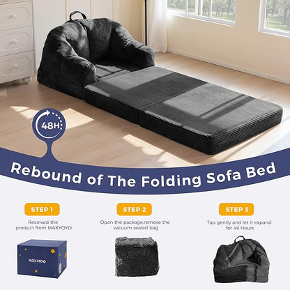 MAXYOYO Folding Sofa Bed with Backrest, Boneless Fold Out Couch Bed with Handle, 2 in 1 Convertible Bean Bag Chair to Floor Sofa Lounger, Comfy Folding Couch for Bedroom & Living Room, Black