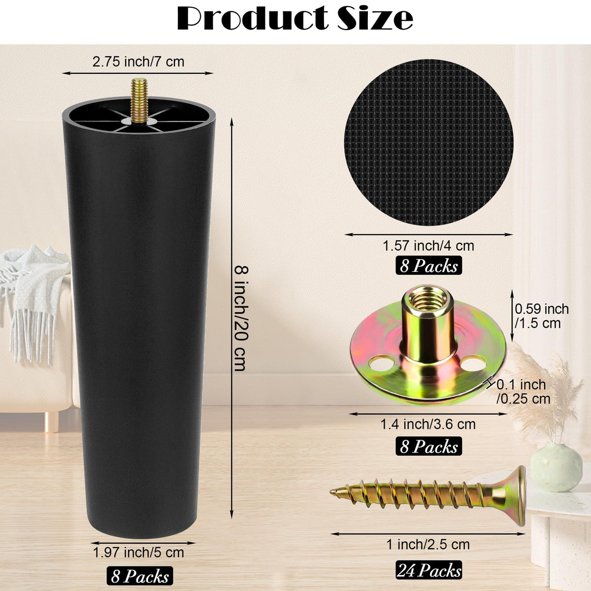 8 Pack 8 Inch Plastic Furniture Legs with M8 T