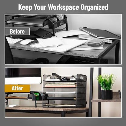 Mind Reader 5 Tier Paper Tray Desktop Organizer, Removable Shelves, Cut-Out Handles, Tool-Free Assembly, Metal Mesh, Black