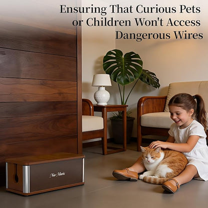 Delamu Wooden Cable Management Box, Retro-Inspired Cord Organizer Box for Home Office, Large Cord Hider Box Hides Cords and Power Strips, Floor Cord Covers, 14.3" x 6.0" x 5.5", Dark Brown