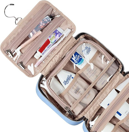 NISHEL Travel Toiletry Bag for women, Portable Hanging Organizer for Travel-Sized Shampoo, Conditioner, Brushes Set, Makeup Accessories, Medium Size, Placid-Blue