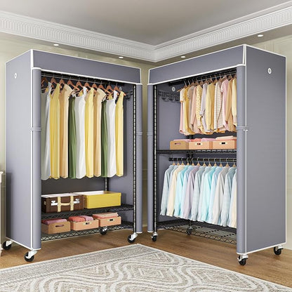 FUTASSI Black Clothing Rack with Grey Cover, P1C Plus Rolling Closets with Wheels, Metal Garment Rack for Hanging Clothes, Clothing Storage Wardrobe, 46" W x 18.5" D x 80.7" H, Load 524 Pounds
