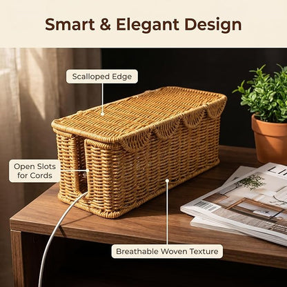 Scalloped Handwoven Rattan Cable Management Basket, 2 Open Slots Plastic Wicker Cord Hider Box for TV Wires Computer Router USB Hub Strip