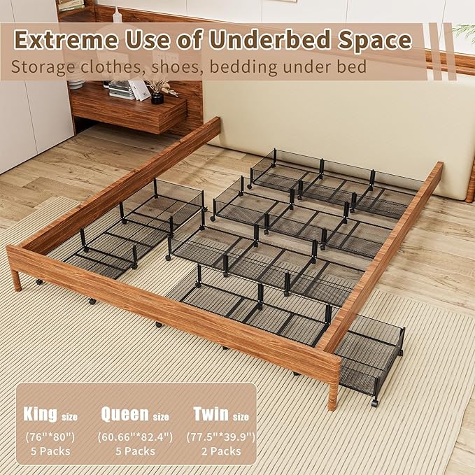 47.2'' Long Under Bed Storage on Wheels, 57.6L Large Capacity Rolling Under the Bed Storage Containers, Tool-Free Assembly Foldable Underbed Shoes Clothes Toy Drawers