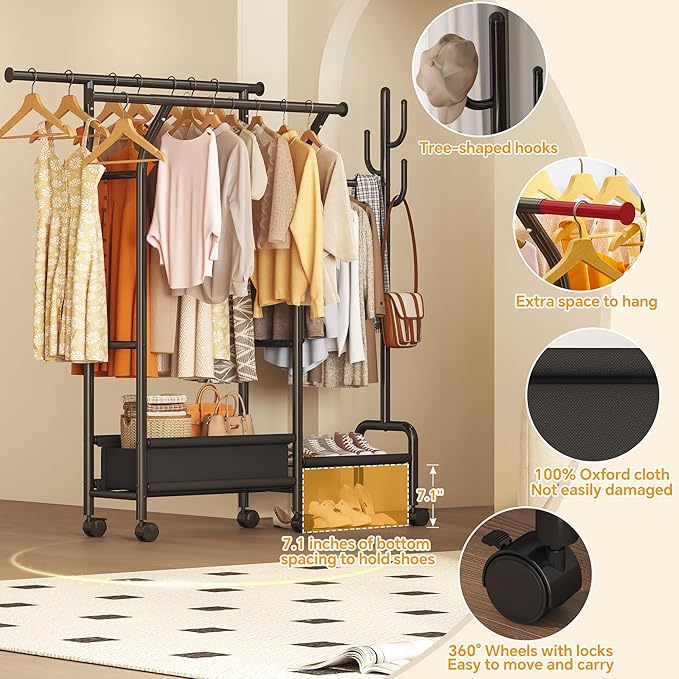 Homeiju Heavy Duty Clothes Rack Load 500LBS, Three Rods Clothing Racks for Hanging Clothes Extendable, Rolling Garment Rack with Sturdy Wheels, Basket, Storage Shelves, Black
