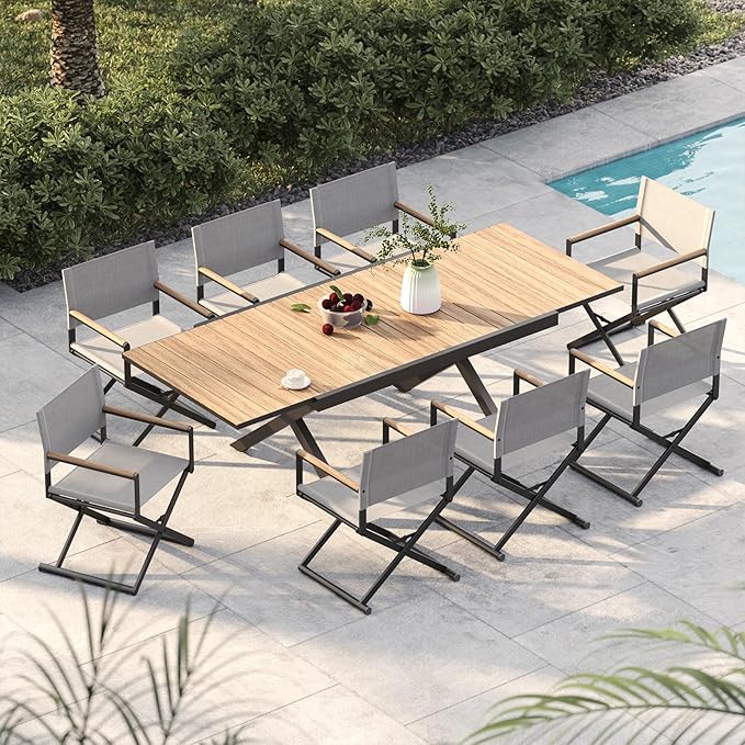 Grand patio 9-Piece Outdoor Dining Set, 8 Extra-Wide Folding Chairs & 1 Rectangle Expandable Table for 6-8 Person, Sling Mesh Patio Chairs with Wood Grain Table for Yard, Poolside, Deck, Gray