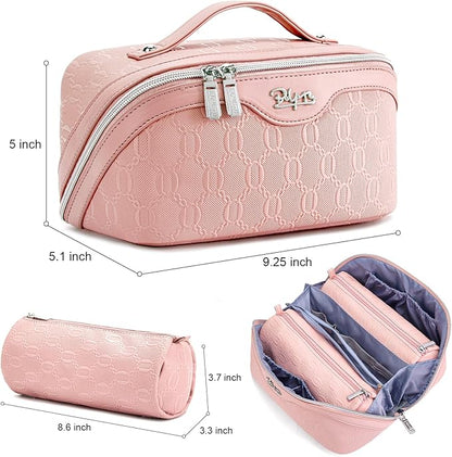 BOYATU Travel Makeup Bag for Women: Cosmetic Organizer Bag with Compartments - Leather Make up Bags Set of 3 (G-3-Pink)