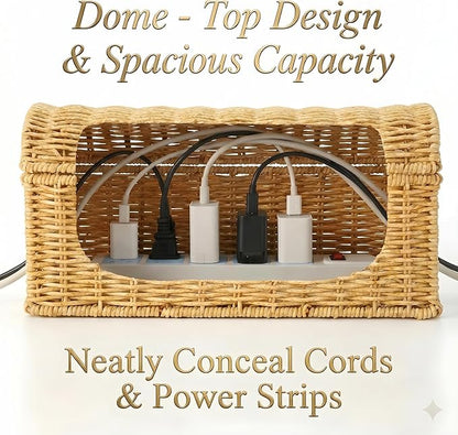 Cable Management Box, Handwoven Rattan Cable Organizer, Cord Organizer Box to Hide Cords & Power Strip, Boho Wire Hider Basket for Home Office, Dome Cover, Natural