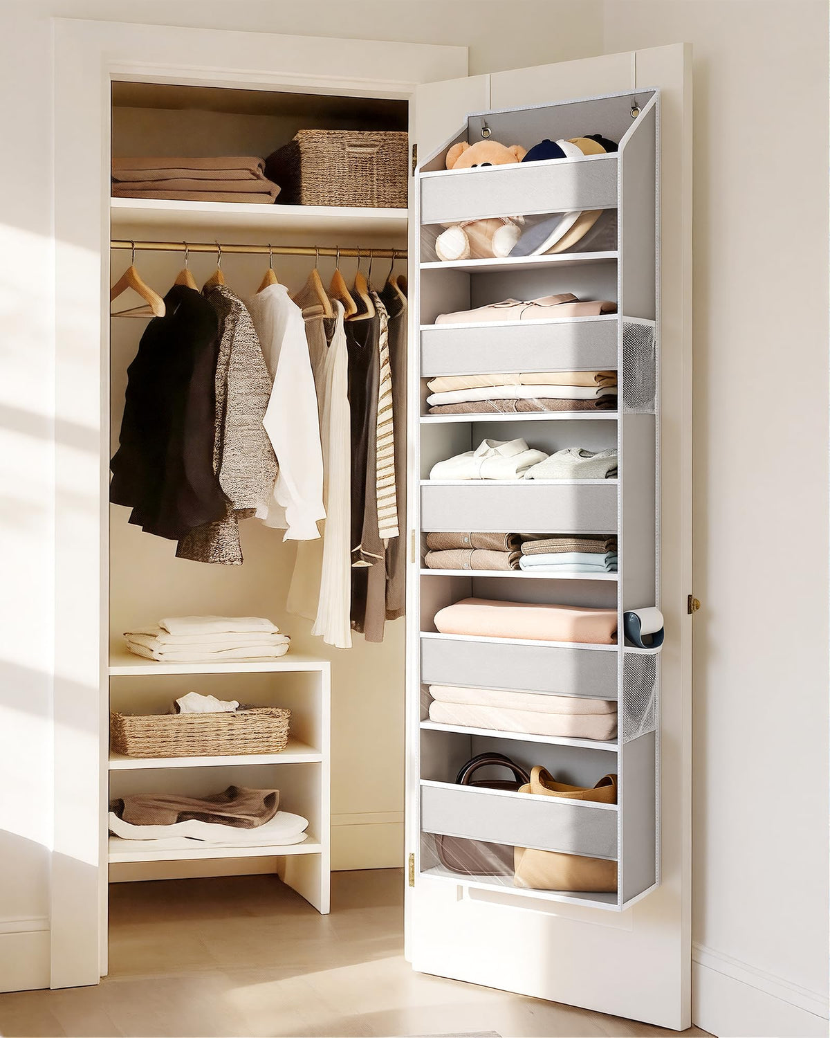2-Pack Over-The-Door Organizer 5 Tiers, – Hanging Storage Organizer with 4 Mesh Side Pockets,Space Saving Closet Door Organizer for Clothes, Shoes, Toys, Accessories Light Gray