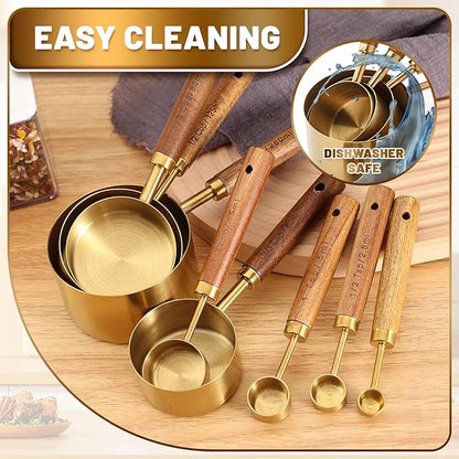 Premium Stainless Steel Measuring Cups and Spoons Set with Wood Handle, 8-Pieces Kitchen Essentials for Baking, Cooking, Coffee with Ergonomic Grip & Engraved Markings (Gold8)