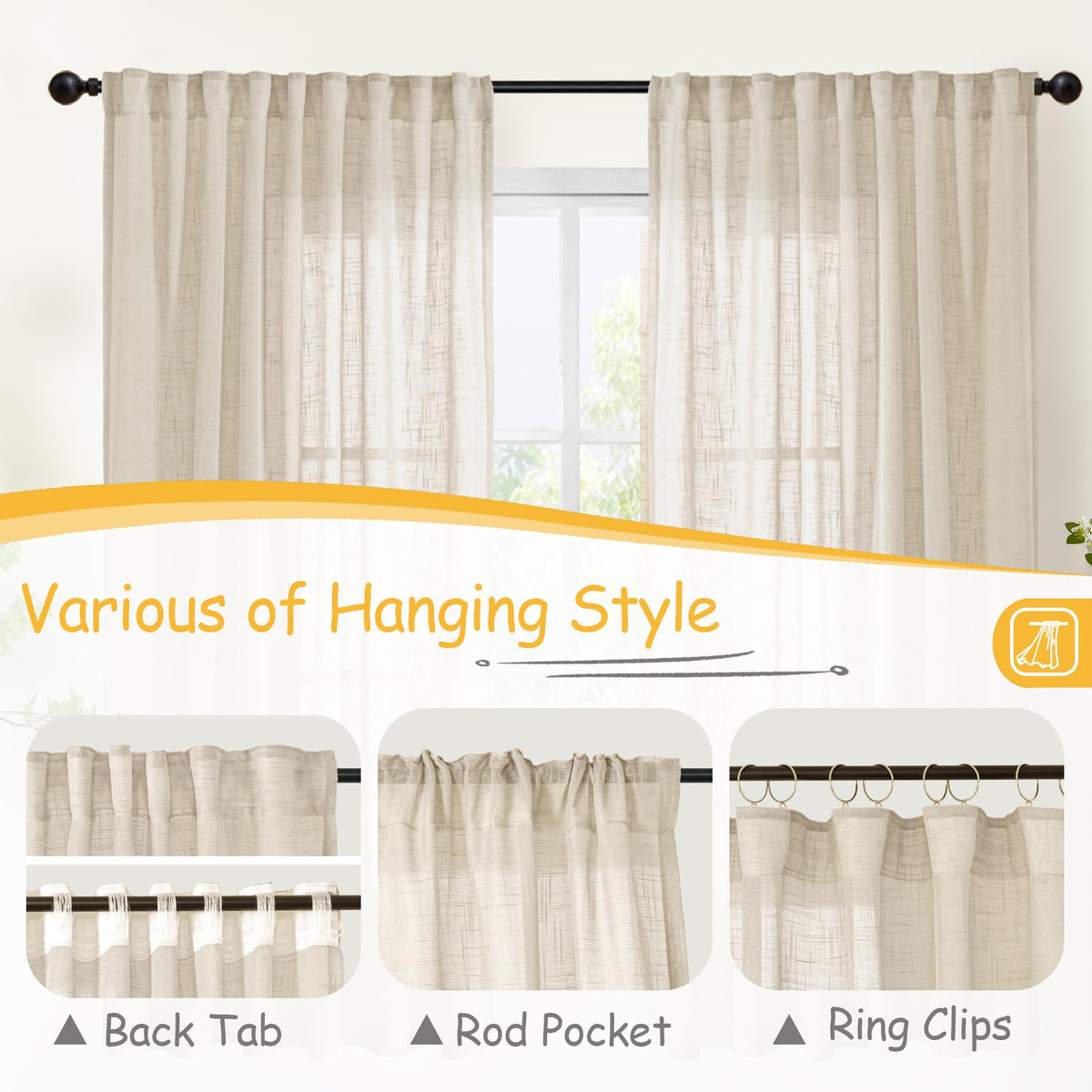 Oatmeal Linen Semi Sheer Curtains 108 Inch Length 2 Panels for Living Room (2 Count)