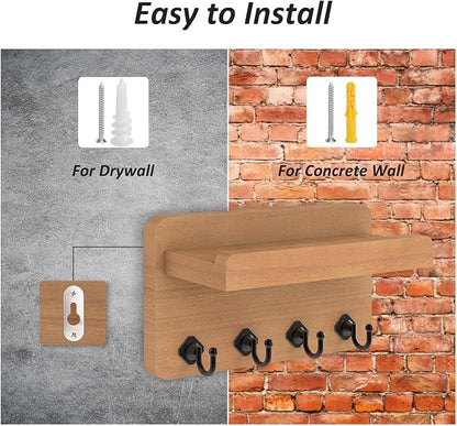 Nekon Key Holder Wall Mount, 8.5 Inch Small Home Decor Wooden Wall Organizer with 4 Hooks and Shelf, Key and Mail Holder for Living Room Entryway Kitchen (Wood)