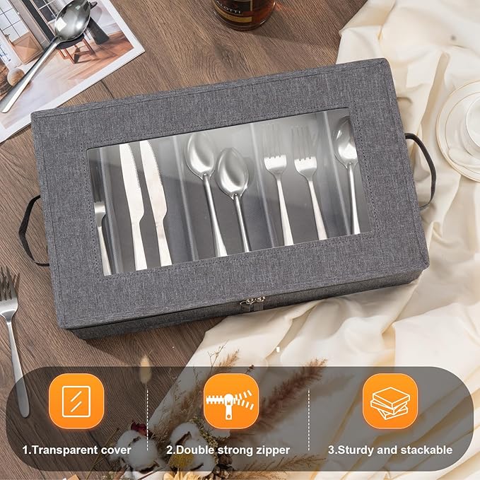 Flatware Storage Box 2 Pack, Silverware Storage Box Case Chest with Adjustable Dividers, Silverware Holder with Zipper Lid for Organizing Cutlery, Utensil, Flatware, Knives, Large Capacity Gray