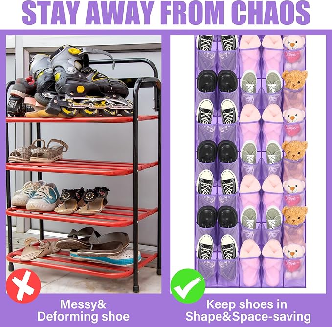 Windyun 40 Large over the Door Hanging Shoe Organizer Purple Mesh Pockets Shoe Rack for Closet Behind Door Hanger Storage Holder Nonslip for Cruise Essentials, Dorm Room Storage, Utility Room