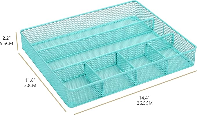 Annova Desk Top Organizer Tray for Office Organization - Metal Mesh - Storage Tray with Dividers for Pens, Desktop Accessories, Bathroom, Kitchen, Makeup and Office Supplies (Large, Turquoise)
