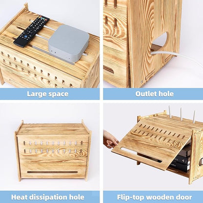 Solid Wood Projector Shelf Router Shelf Projector Stand Router Storage Box Router Cover Organized Modem Cable Power Strip Cable Management Hider Rack by Need Assembly (Flip-top Door)