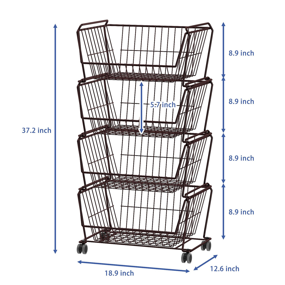 4 Tier Large Stackable Wire Storage Baskets with Wheels