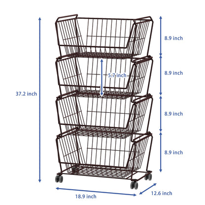 4 Tier Large Stackable Wire Storage Baskets with Wheels