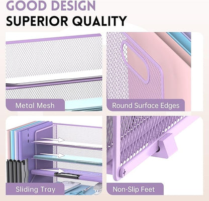 DALTACK Mesh Desk Organizer, 5-Tier Paper Letter Tray with File Holder & Pen Holder & Sliding Drawer, Desktop Organizer and Storage for Desk Accessories Office Supplies, Purple