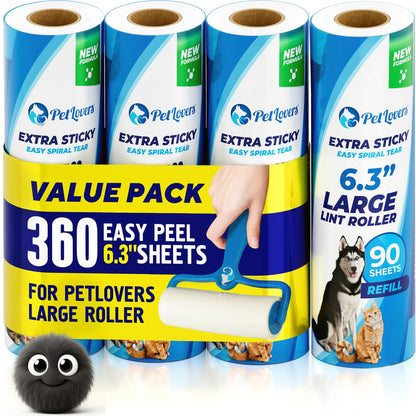 6.3" Extra Sticky Lint Roller 4 Pack of Large Refills Only (360 Count)
