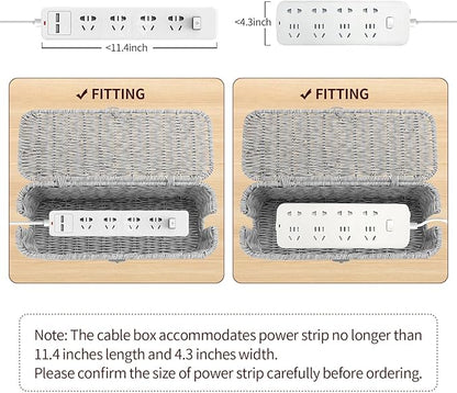 Cable Management Box, Desk Handwoven Rattan Cord Hider Cable Organizer Box With Lid Button Lock, Power Strip Cover Wicker Decorative Basket, Floor Wire Hiding Extension Cord Box (grey)