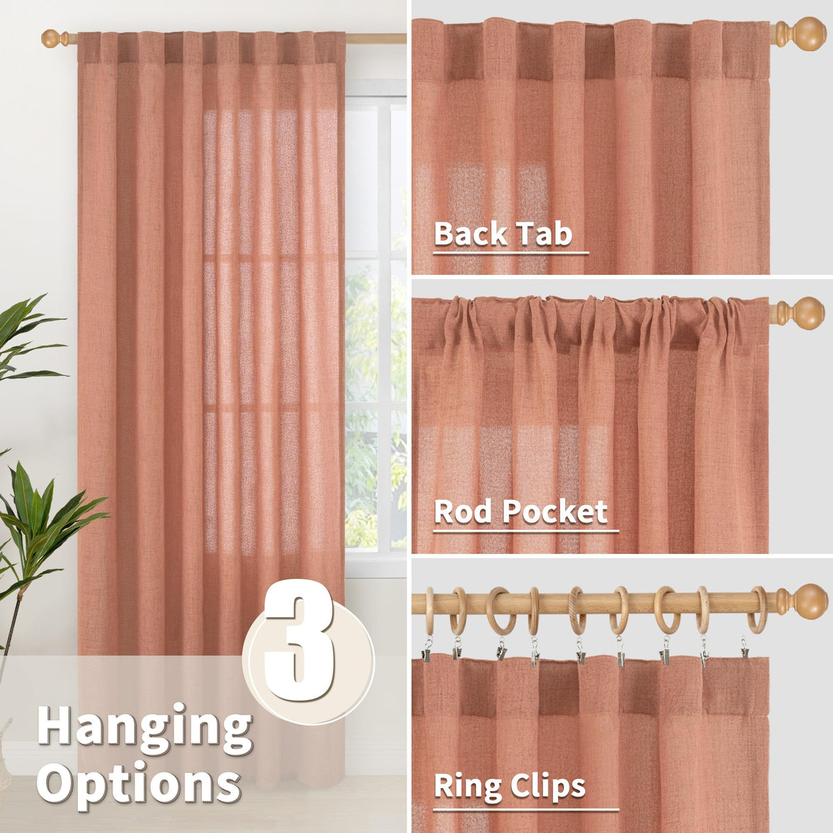 Short Terracotta Linen Curtains 36 Inch Length (2 Count)