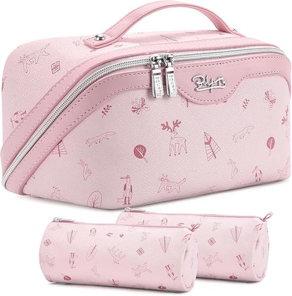 BOYATU Travel Makeup Bag Cosmetic Bags for Women: 3 Pcs Set Portable Make up Bag with Handle - PU Leather Toiletry Bags with Compartments - Makeup Organizer for Travel Essentials(L-5-Pink)