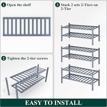 Smiry Bamboo Shoe Rack, 6 Tier Free Standing Wooden Shoe Organizer, Stackable Wood Shoe Storage Shelf for Closet, Entryway, 14 Vertical Slats, 2+2+2 Stack Heavy-Duty Legs, 26.8"x11"x39", Grey