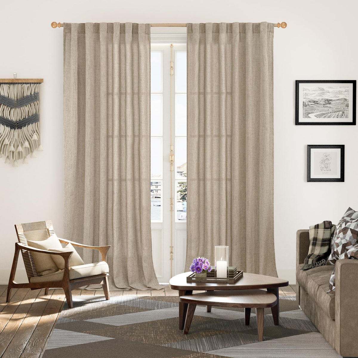 Linen Semi Sheer Curtains 95 Inches Long 2 Panels for Living Room (2 Count)