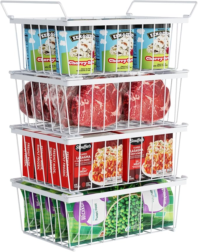 iSPECLE Freezer Organizer Bins - 4 Pack Stackable Chest Freezer Organizer for 5 Cu Ft Deep Freezer Sort Frozen Food, Deep Freezer Organizer Bins Easy to Get Food from Bottom without Digging, White