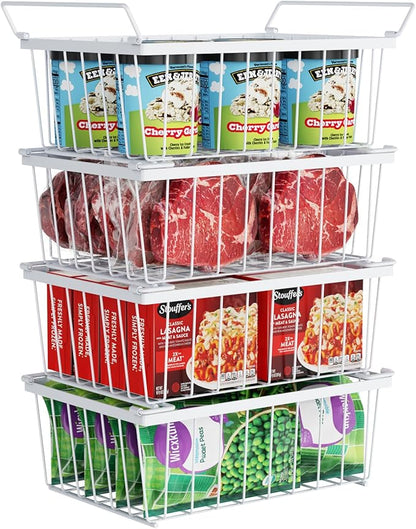 iSPECLE Freezer Organizer Bins - 4 Pack Stackable Chest Freezer Organizer for 5 Cu Ft Deep Freezer Sort Frozen Food, Deep Freezer Organizer Bins Easy to Get Food from Bottom without Digging, White