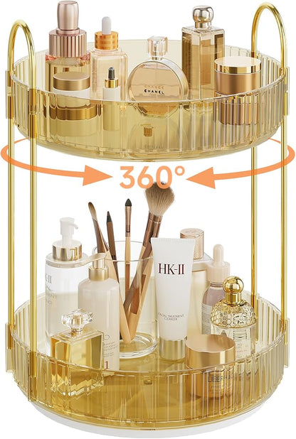 Rotating Makeup Organizer Countertop,Skincare Organizers,Spinning Perfume Tray Stand,Makeup Storage Organizer for Vanity,Bathroom Organizer and Storage,Lazy Susan,2 Tier,Gold