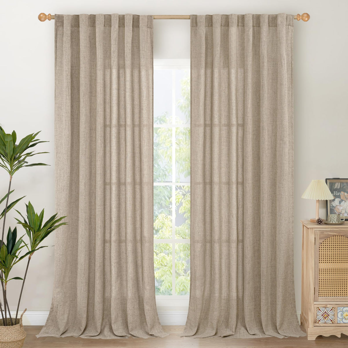 Dark Oatmeal Linen Curtains 102 Inch Length for Living Room (2 Count)