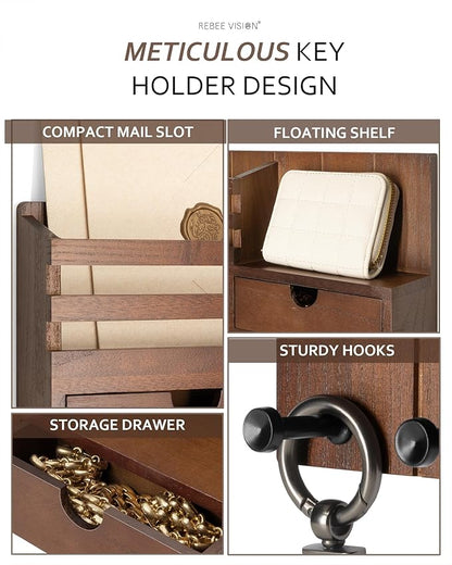 Rebee Vision Farmhouse Key Holder Wall Mount with 2 Drawer Organizer - Decorative Mail Organizer for wall with 6 Key Hooks - Ideal Apartment Essentials for Room Decor Aesthetic (Rustic Brown)