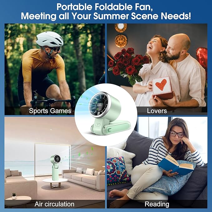 WHATOOK Portable Handheld Turbo Fan: 12m/s Strong Wind 15000RPM Mini Fan, 4000mAh Battery Rechargeable Personal Fan with LED Display, 3 in 1 Foldable Small Fan for Camping Beach Travel, Mint Green