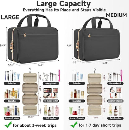 Travel Toiletry Bags, Portable Travel Bag with Hanging Hook for Women, Waterproof and Hanging Makeup Bag Travel Organizer Accessories for Travel Essentials (Black, Large)