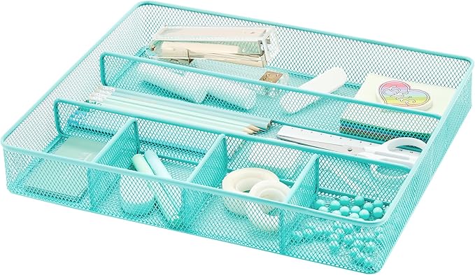 Annova Desk Top Organizer Tray for Office Organization - Metal Mesh - Storage Tray with Dividers for Pens, Desktop Accessories, Bathroom, Kitchen, Makeup and Office Supplies (Large, Turquoise)